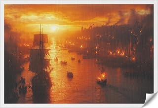 RPSIRVFO Harbor at Sunset Unframed Canvas Art Sunset over a bustling harbor Perfect for Home Decor Ideal for Dining Room or Hallway Decoration