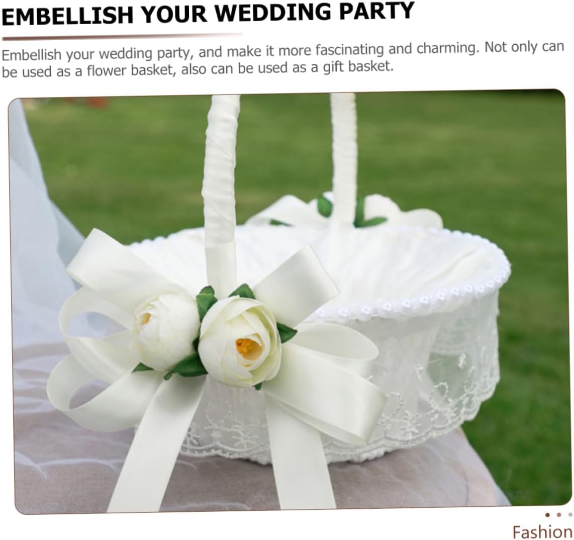 Wedding Flower Girl Basket with Ribbon Handle, Rose Petal Storage Basket for Weddings, Party Favor and Ceremony Supplies for Flower