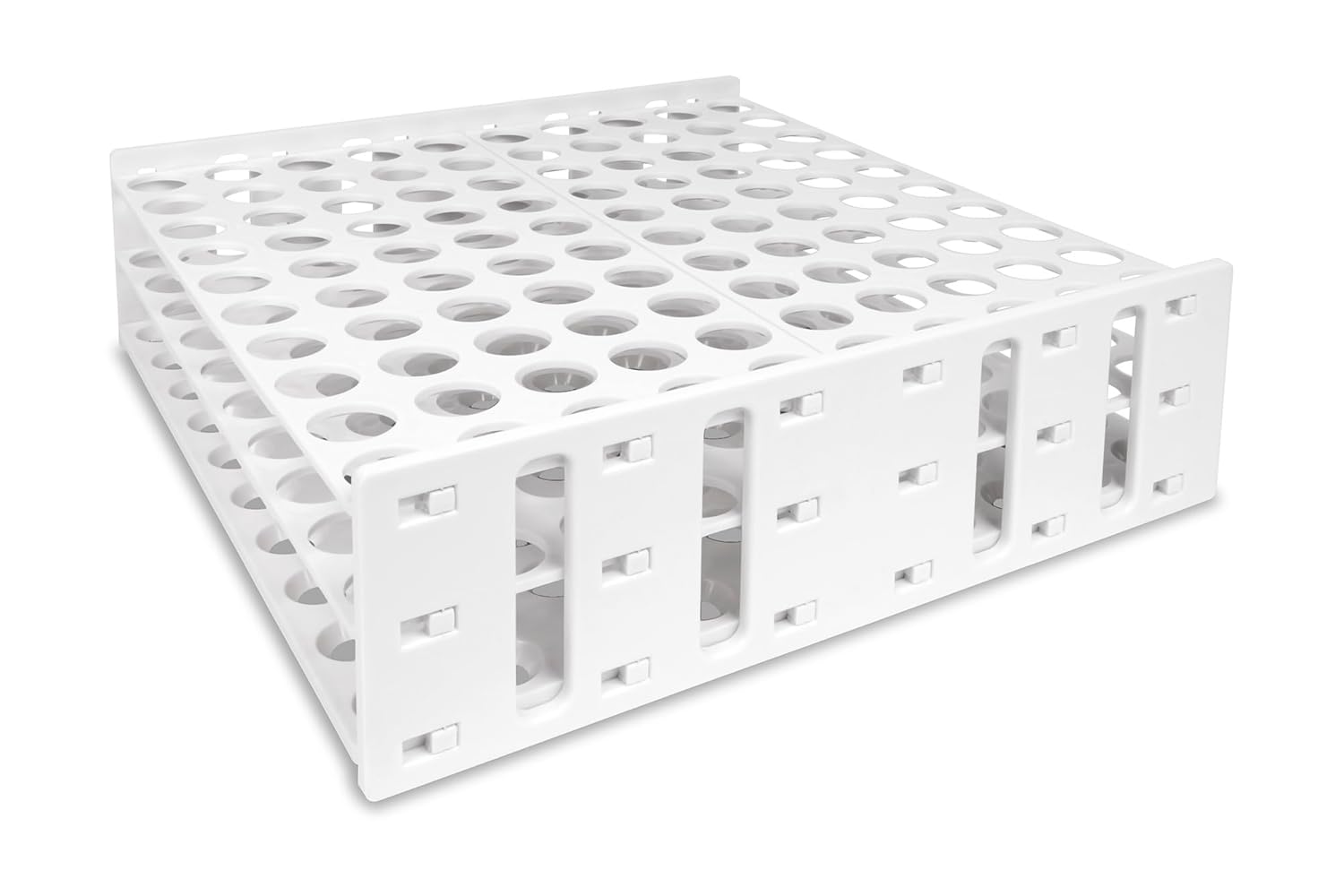 Mega Tube Racks for 50 mL Tubes, 100 Well Capacity, 32 mm Well Diameter, Sturdy & Lightweight, Stackable, Ideal for High Throughput Labs Requiring Large Sample Storage, White