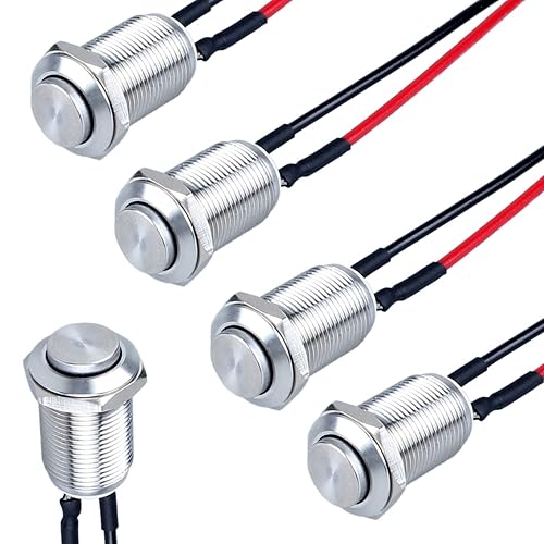 DMWD 5 unids 0.472 in interruptor de botón de cierre de cabeza redonda alta con cable pre-soldado acero inoxidable 1NO 12V 24V 36V 110V 250V