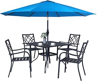 Oakcloud 5-Piece Patio Dining Set with Sky Blue Umbrella, Outdoor Metal Furniture Dining Table Set, 4 Stackable Patio Dining Chairs and Square Dining Table with Umbrella Hole