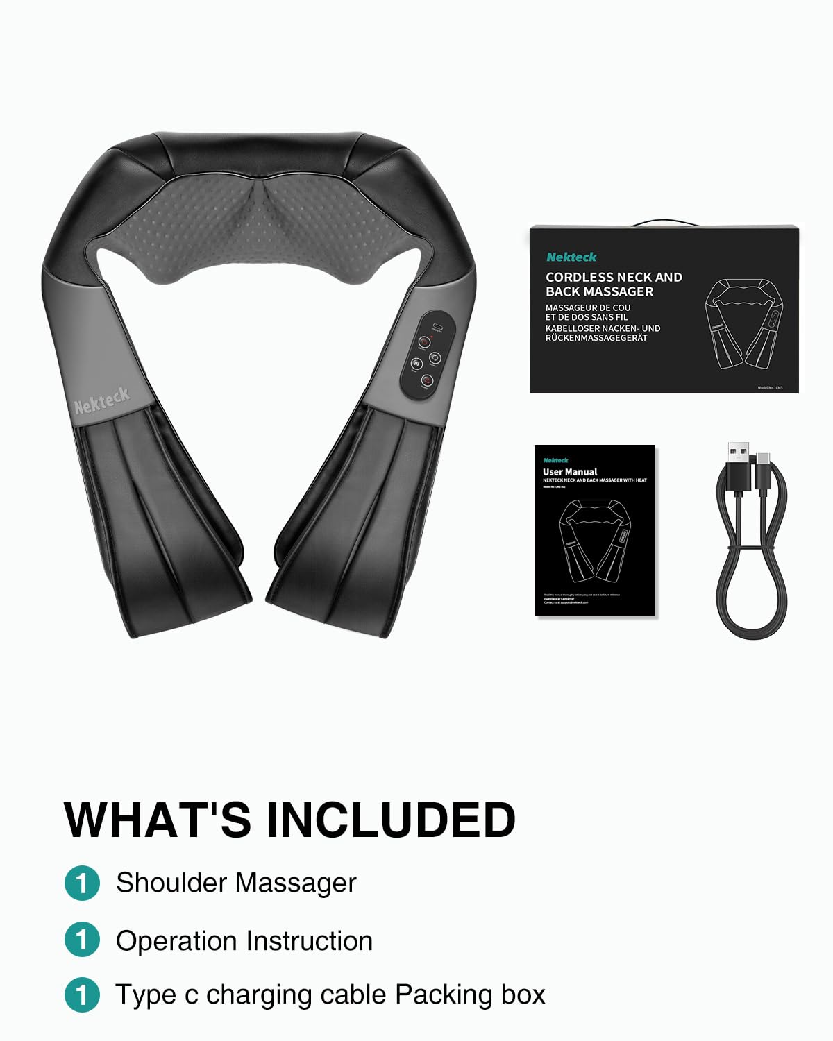 Nekteck Shiatsu Neck Massager with Heat for Pain Relief Deep Tissue, 2026 Upgraded 3D Back Shoulder Kneading Massage Pillow, Body Muscle Relaxation Tools Gifts for Him Her,  (NOT Cordless): Black - Cordless