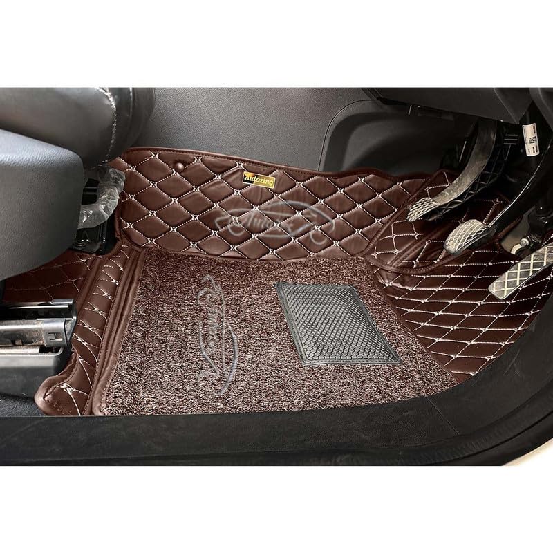Image of Luxury 7D Car Floor Mat Full Set for Skoda Kodiaq | 7 Layer Protection Mats | Luxury Leather with Noodle /Curly Car Foot Mat with Heal Pad | Anti-Skid & Waterproof (Coffee Coffee)