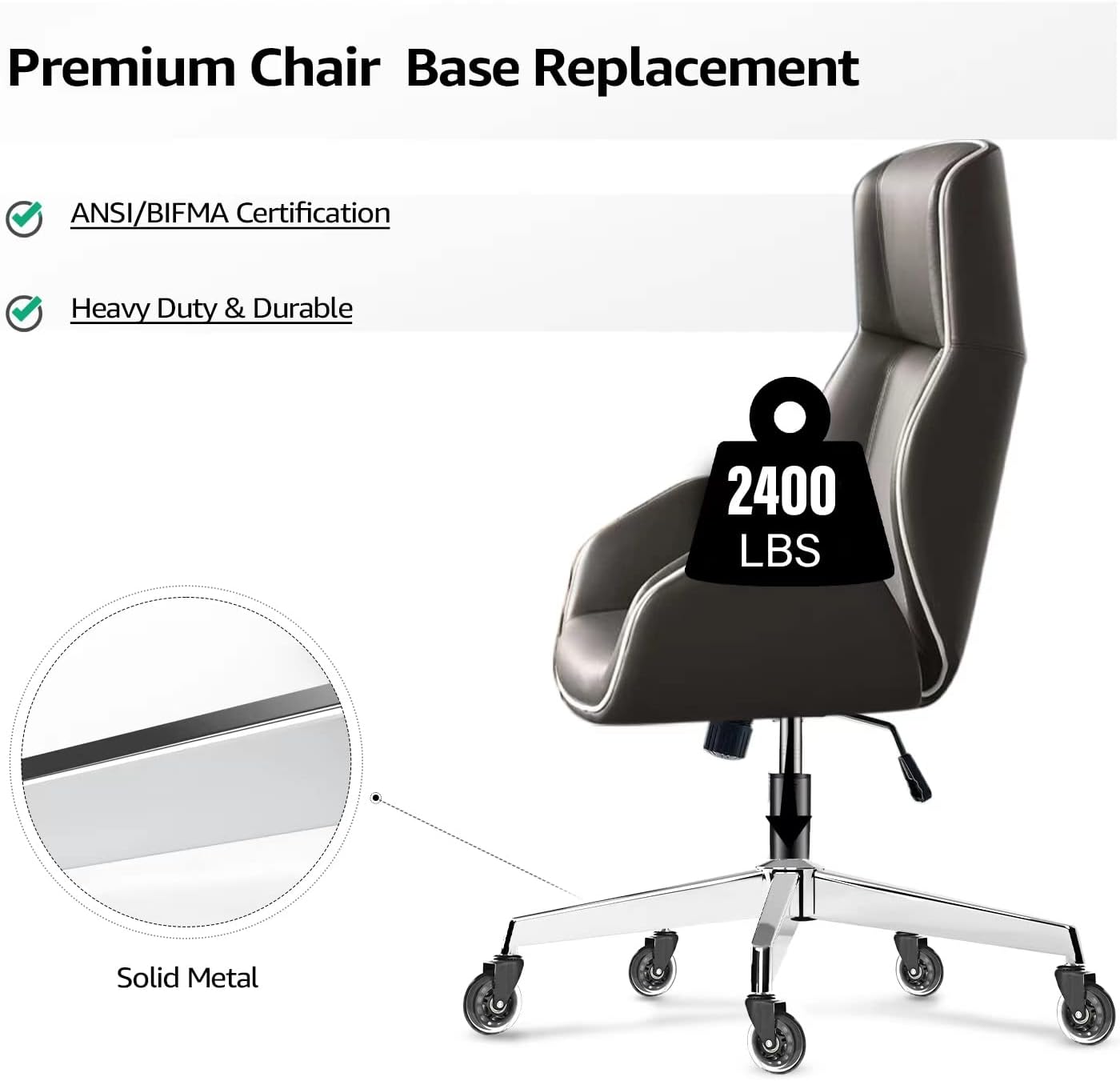 Sytopia Office Chair Base, 28'' Desk Chair Base Replacement with Reinforced Metal Legs (2300Lbs), Chair Bottom Part for Most Chairs, Universal Gas Cylinder and Caster Sockets, Sliver image 4
