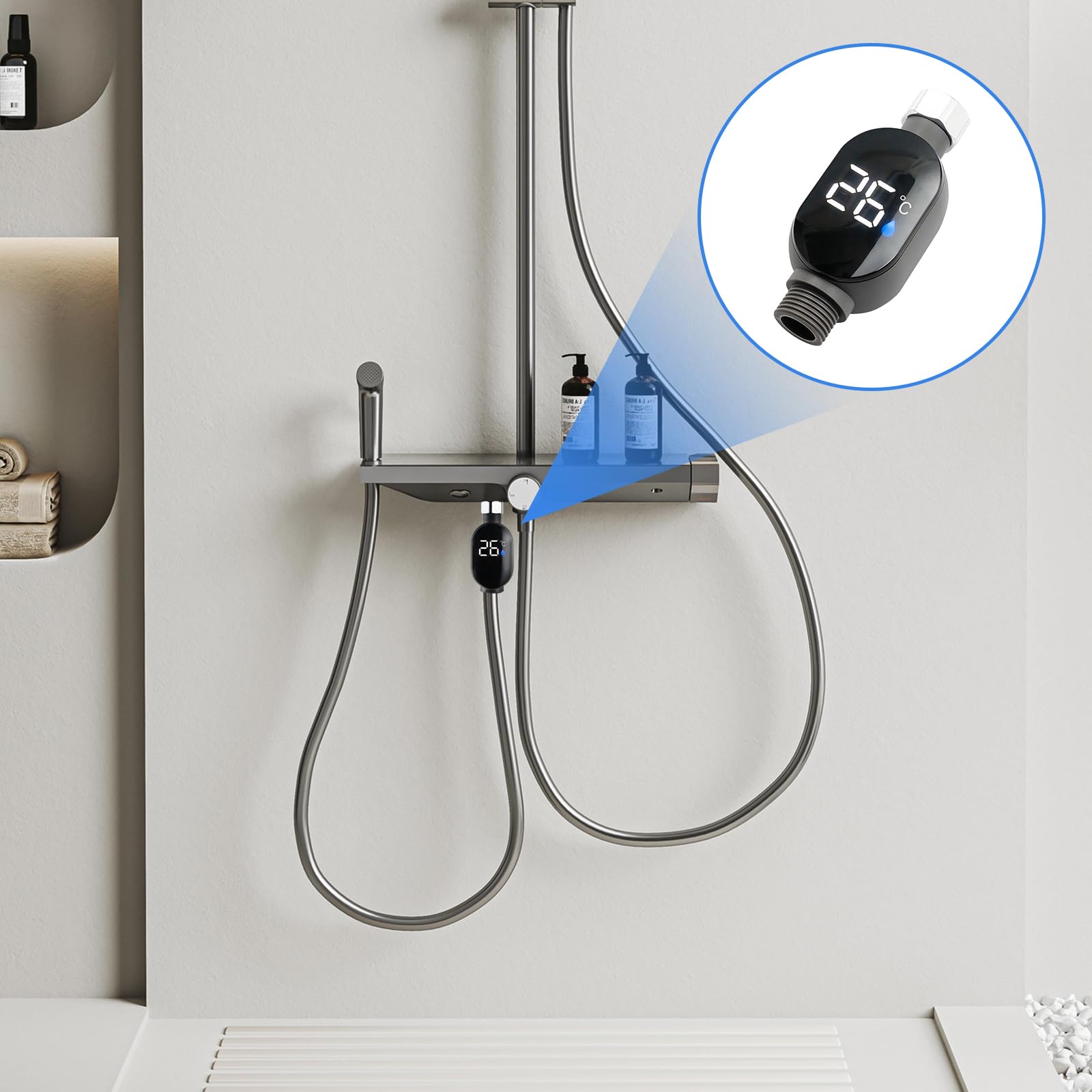 Lot de 2 thermomètres de bain numériques à LED : étanche affichage LED thermomètre de douche 0-99 °C débit d'eau en temps réel thermomètre de bain bébé thermomètre de douche bébé thermomètre d'eau