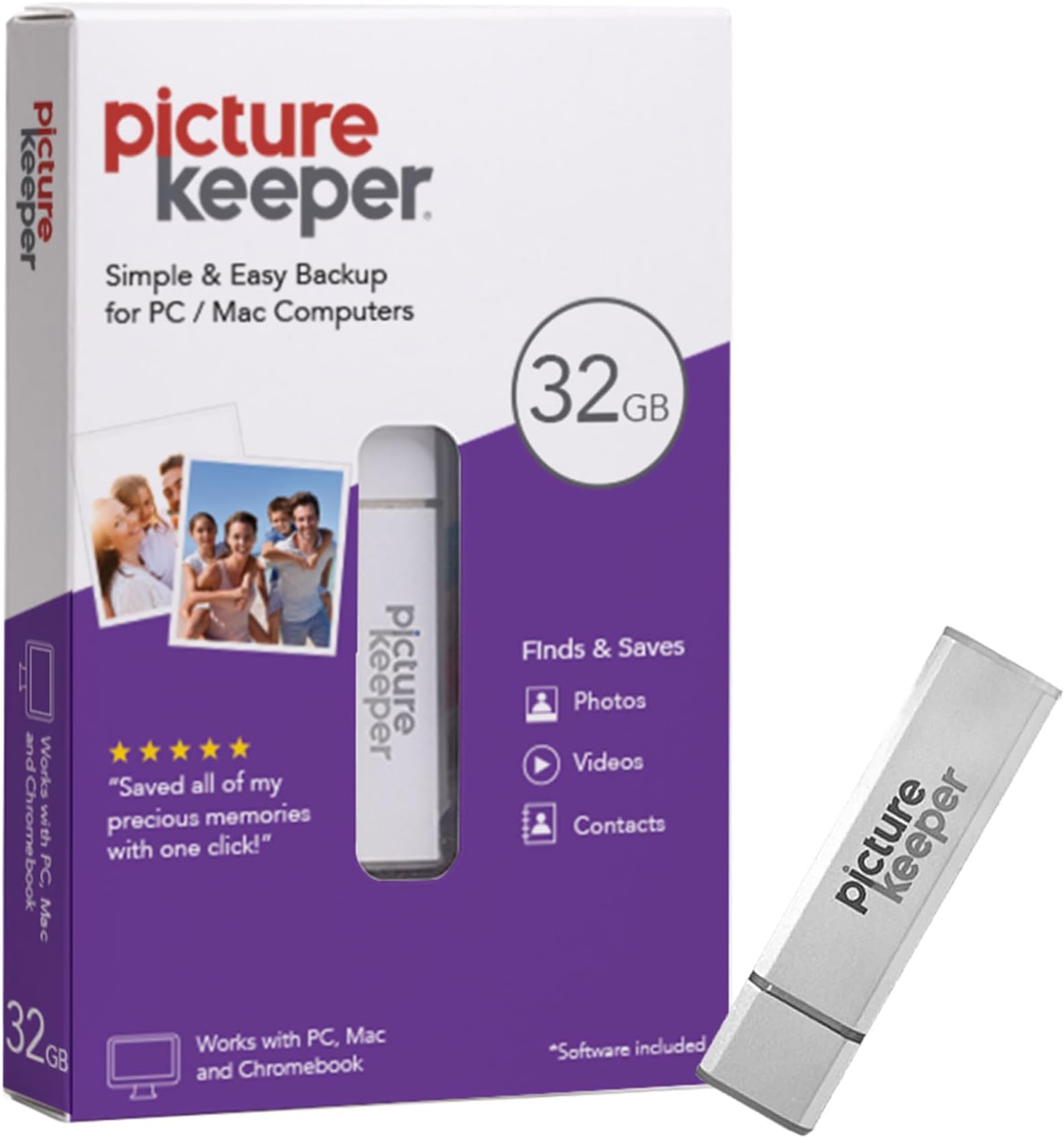 Picture Keeper for Mac & PC - 32GB USB Stick Backup for Photos, Videos, Contacts, Laptop, Computer and MacBook Flash Drive Memory Backup- 32GB, Silver