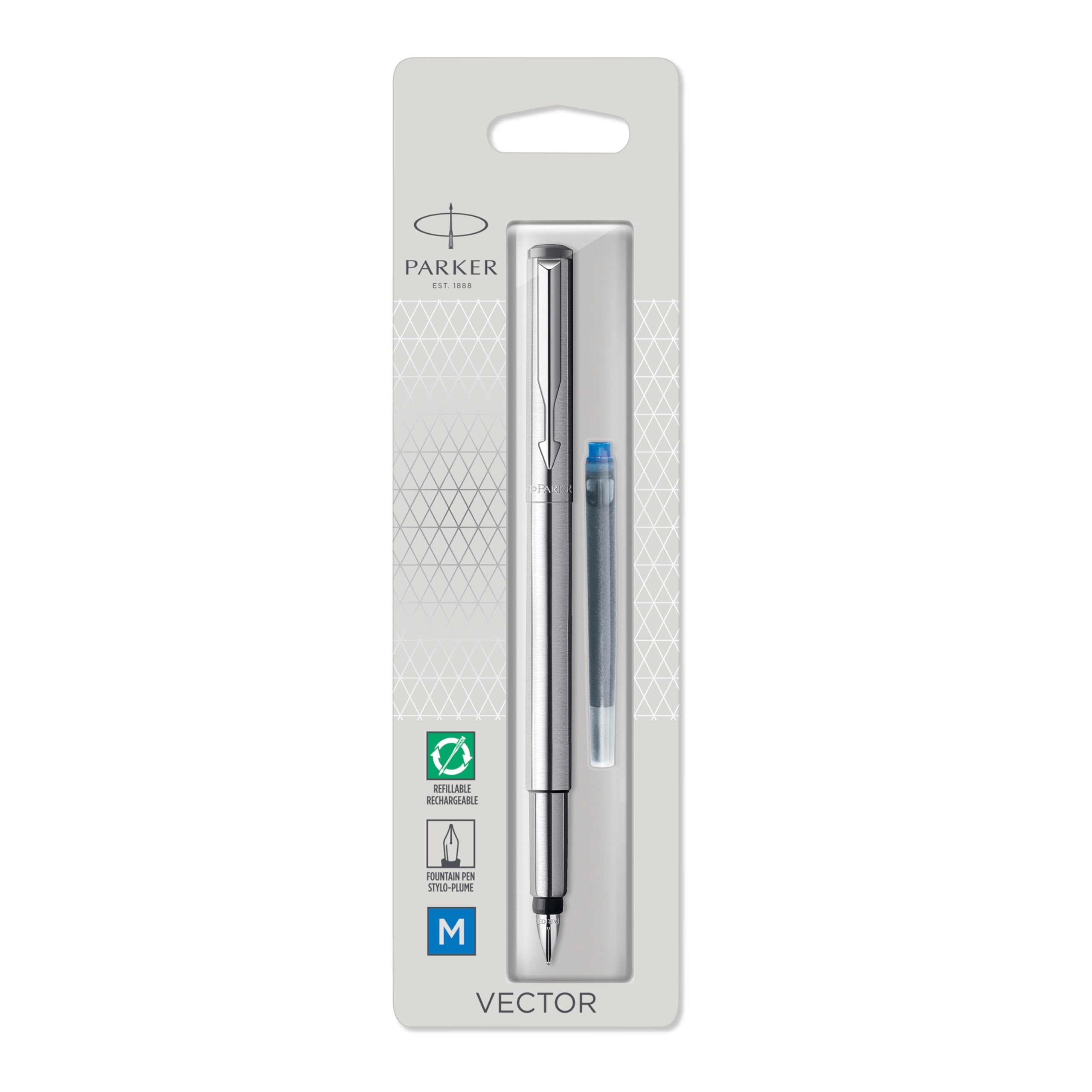 Parker Vector Fountain Pen | Stainless Steel with Chrome Trim | Medium Nib | Blue Ink | Hangtab