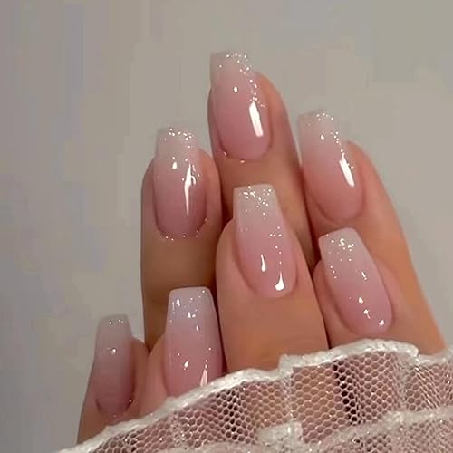 Uñas postizas a presión con degradado rosa, uñas postizas cuadradas medianas, uñas adhesivas rosas, uñas postizas transparentes con diseño de