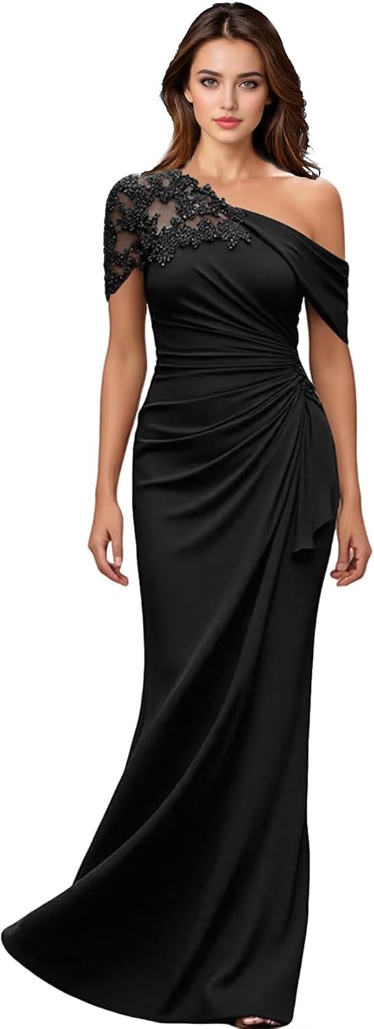 Mother of The Bride Dress for Women One Shoulder Lace Applique Long Mermaid Chiffon Evening Gown Formal