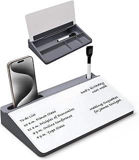Varhomax Glass Desk Buddy Whiteboard with Storage, Small Dry Erase Desktop White Board Caddy to-do List Memo Notepad for Office, School and Home Office Supplies (Gray and White)