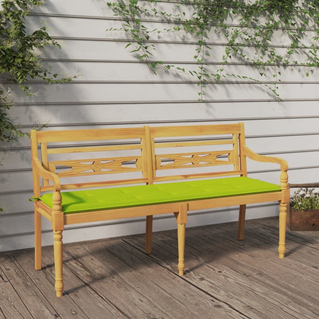 Banc de jardin en teck massif Batavia 150 cm avec dossier et coussin d'extérieur vert clair