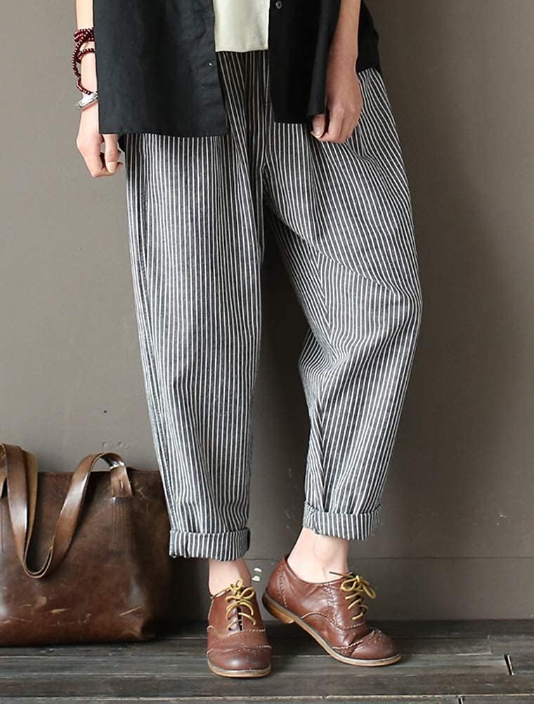 Minibee Women's Wide Leg Harem Pants Cotton Linen Striped Casual Palazzo Pants with Pockets - Image 3