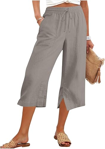 FPMLUXLL Capri Pants for Women Cotton Linen Flowy Wide Leg Pants High Waisted Su