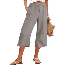 Womens Linen Wide Leg Capris Pants High Waisted Side Split Cropped Trousers Casual Summer Beach Pants with Pockets