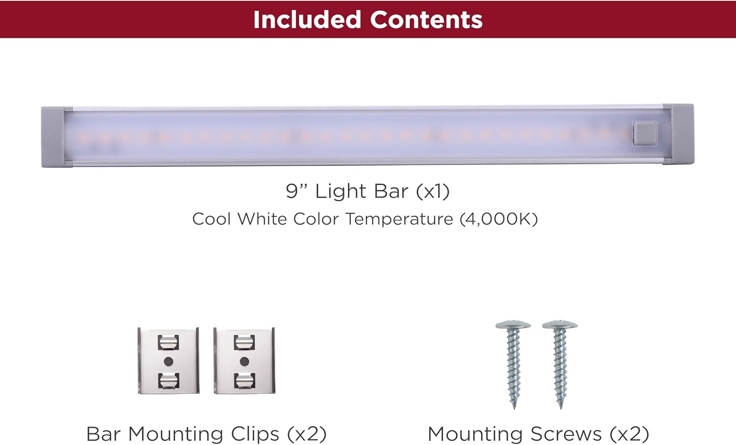 PureOptics LED Push Wire® Under Cabinet Light Bar, Plug-in or Hardwire, 9", Cool White, Gray, (LEDUC9-1CB)