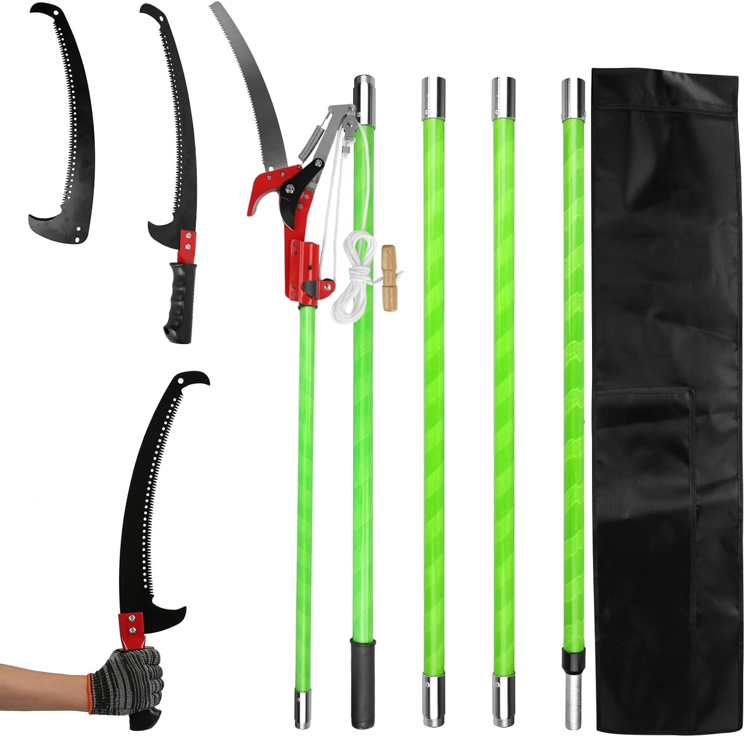 Manual Pole Saw 8.2-15.1FT Extendable Tree Pruner, Pole Saw for Tree Trimming with 2 Double-Hooked Saw Blades & Scissors for High Branches, Includes Goggles & Gloves