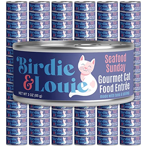 Birdie & Louie Seafood Sunday Tuna and Shrimp Wet Cat Food Gourmet Entrees, Flakes in Broth, 3oz. (96 Cans)