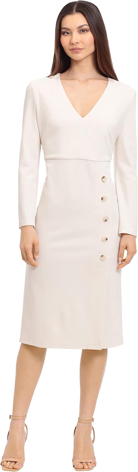 Maggy London Women's Maggy London Women's Dresses V-Neck Midi with Side Skirt Buttons Detail