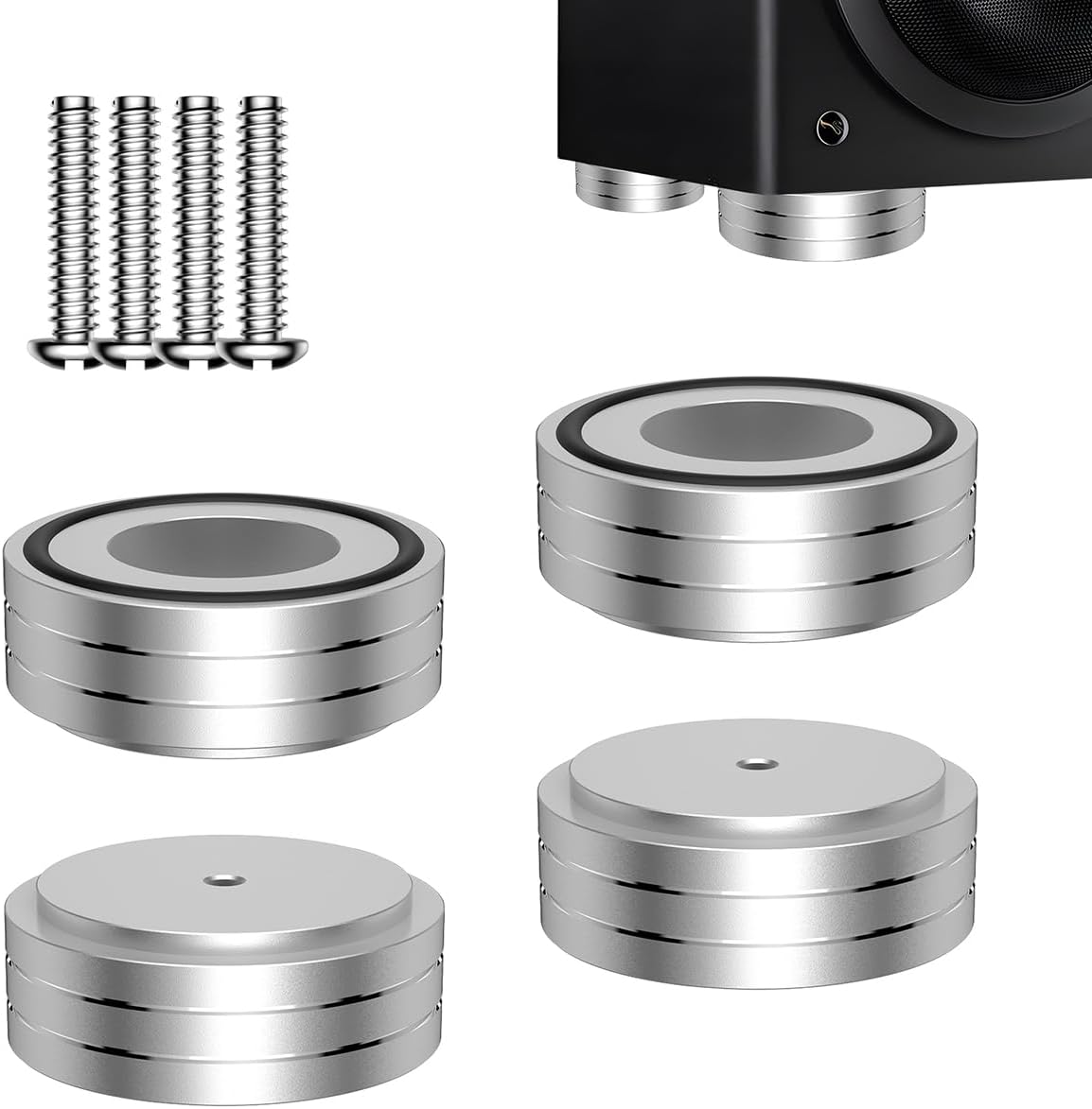 Viborg HiFi Speaker Spikes Isolation Feet Pads 58x22MM, 4X Audio Shock Absorber Aluminum Subwoofer Isolator with Rubber Ring and Mounting Screws(M4*0.7) for AMP Turntable DAC Recorder