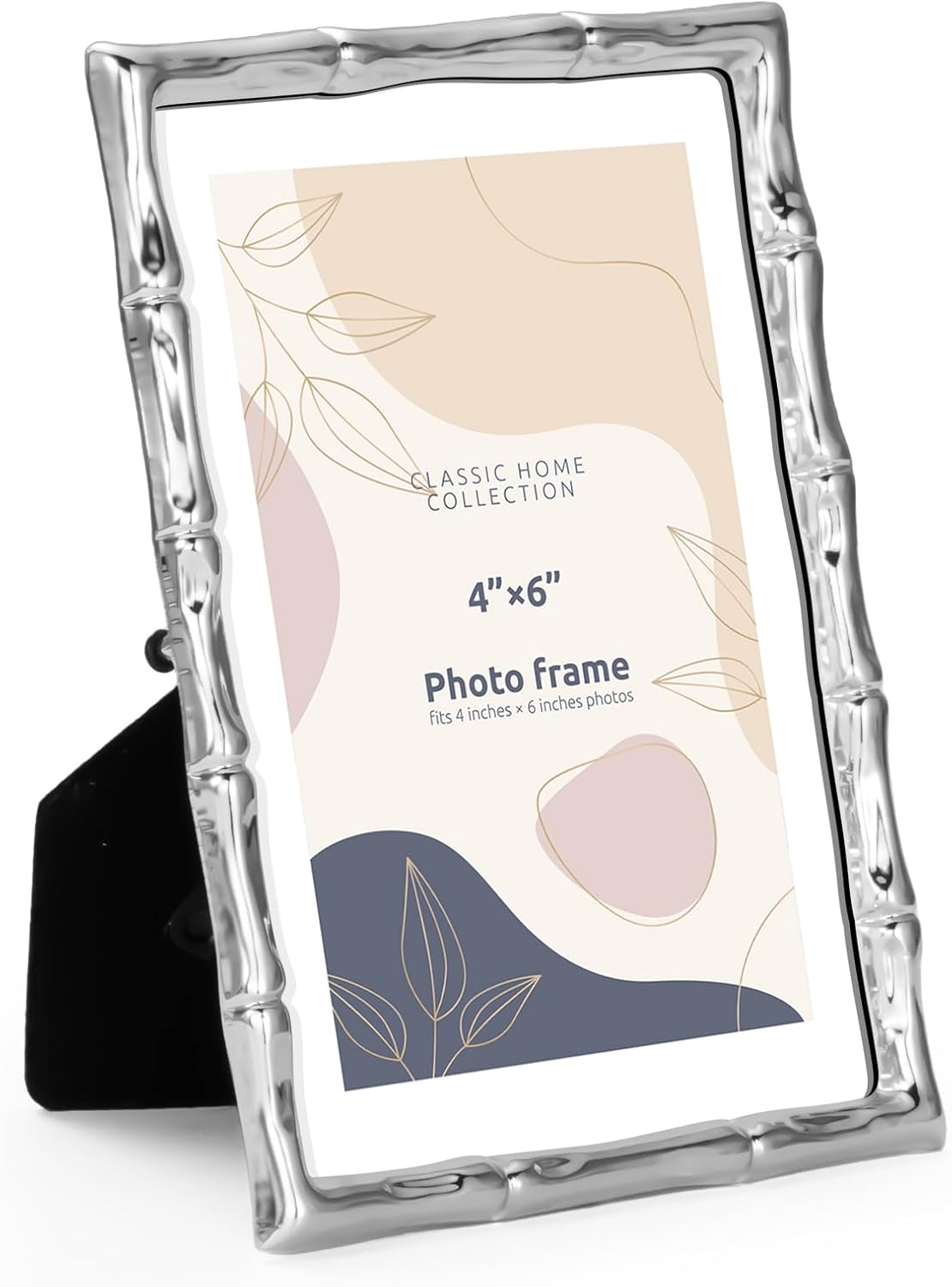 Bamboo-Inspired 4x6 Metal Picture Frame | Gold/Silver Vertical Tabletop Frame | Premium Home Décor & Photo Display (Silver bamboo)