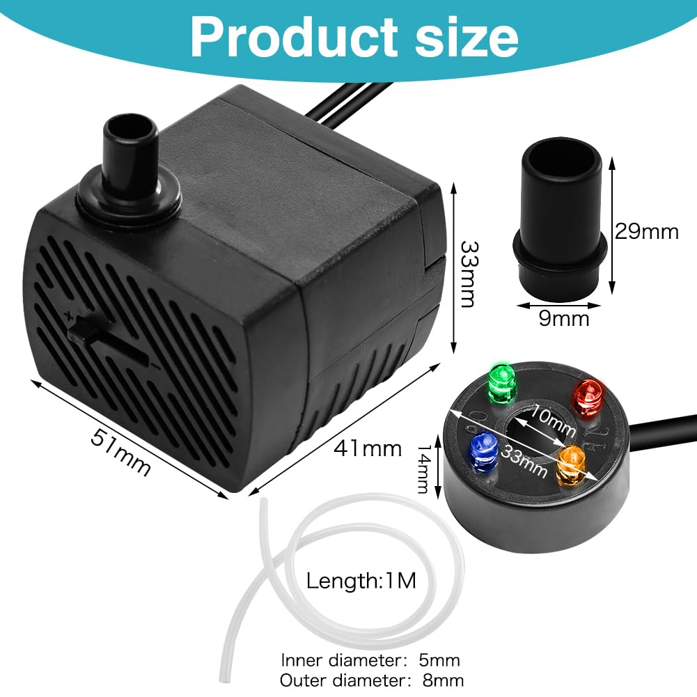 2 Stück 5W Mini Aquarium Wasserpumpe mit 4 LED Licht 350L/H 3.5W, Teichpumpe Tauchpumpen für Aquarium Teich, Steingarten, Brunnen, Garten Tauchwasserpumpe, Max Förderhöhe 0.85m