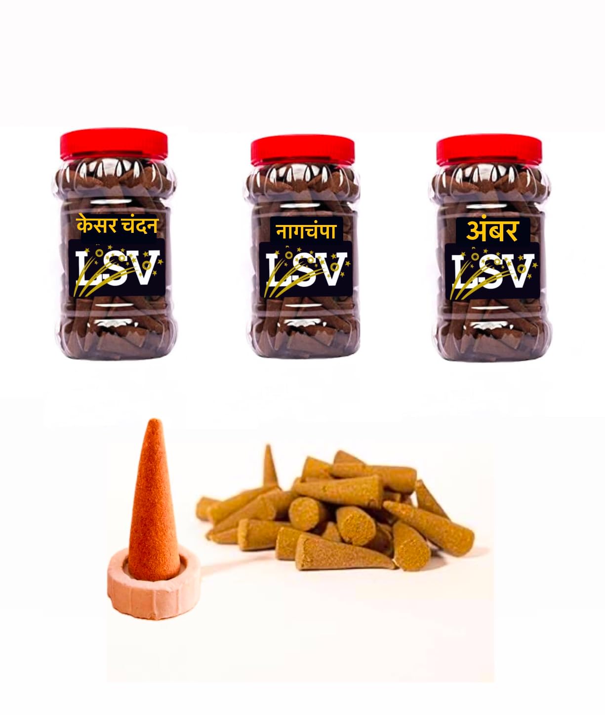 Lsv Premium dhoop Cone Set Kesar Chandan,Nag Champa,Amber Fragrances, 3 Jars-image-39