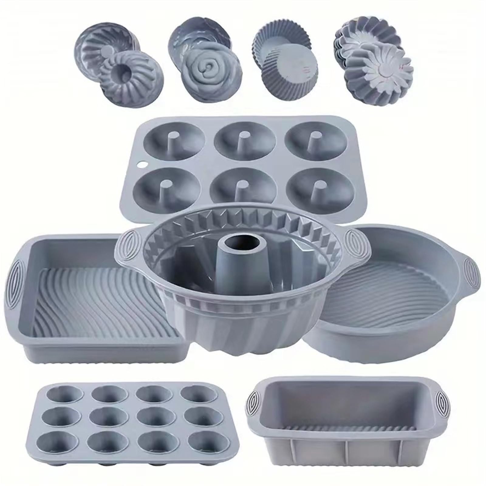 THE WHITE SHOP 30pcs Nonstick Silicone Bakeware Set With Baking Pan, Silicone Cake Molds, Baking Sheet, Donut Pan, Silicone Muffin Pan,Cake Pan, And 24 Pack Silicone Cupcake mould Baking Cups(Color:GR Grey