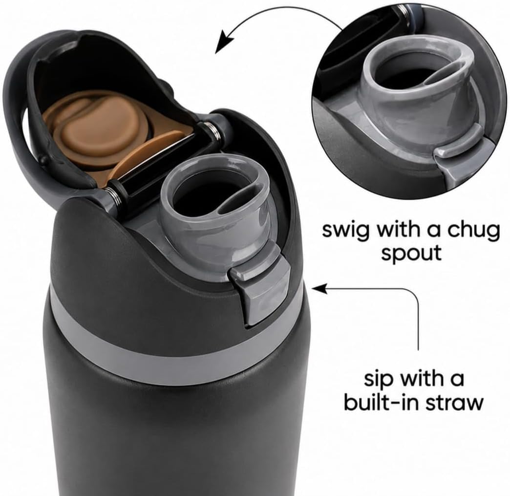 32 oz Insulated Water Bottle with 2-in-1 Straw Lid - Stainless Steel Sports Water Bottle with Chug Spout and Sip Straw, Leakproof Vacuum Bottle Keeps Cold 24H Hot 12H, BPA-Free for Gym Travel Office