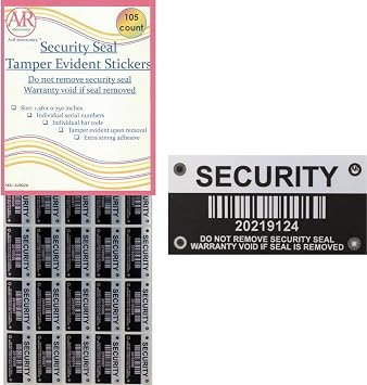 Tamper Evident Stickers, Tamper Proof Security Seal with Individual Serial Numbers and Barcode. Each Sticker is 1.56 x 0.75 inches. Destroyed Upon Removal. Residual Text Left on Item. 105 Stickers