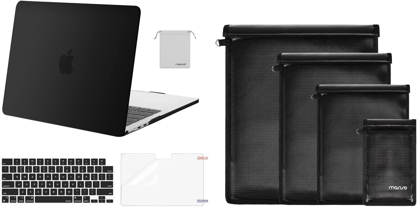 MOSISO 4 Pack Faraday Bag Sleeve&Compatible with MacBook Air 13 inch Case 2024-2022 M3 A3113 M2 A2681, Hard Case&Keyboard Cover&Screen Film&Pouch Compatible with MacBook Air 13.6 inch Case, Black