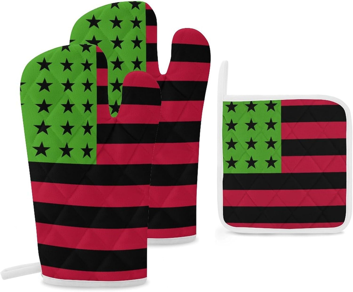 Pan African U.S.A. Flag Print Oven Mitts and Pot Holders 3 Piece Sets Heat Resistant Gloves Hot Pads Potholders for Kitchen Baking Cooking