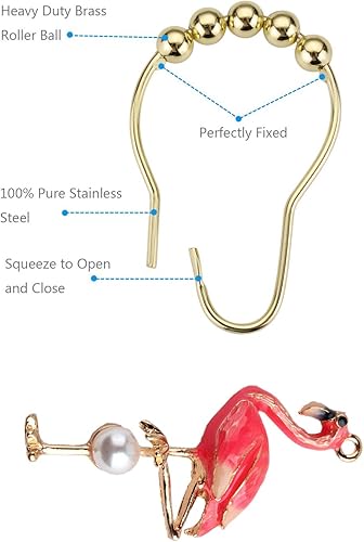 Miniatura 7 de ZILucky Juego de 12 ganchos decorativos de acero inoxidable para cortina de ducha con diseño de flamenco, accesorios de decoración (verde