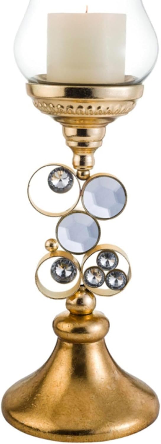 18" Gold Polyresin Malha Candleholder & Hurricane Glass Pair, Traditional Romantic Decor