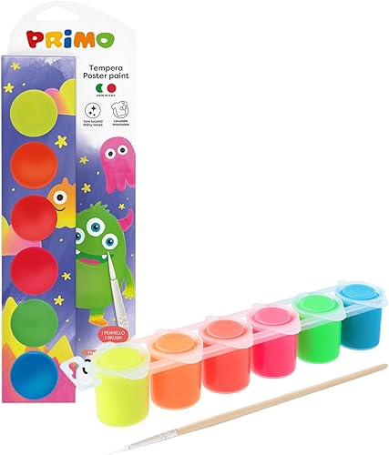 PRIMERA TEMPERA EN FRASCO FLUORESCENTE DE 50 ML, 6 COLORES Y 1 PINCEL.