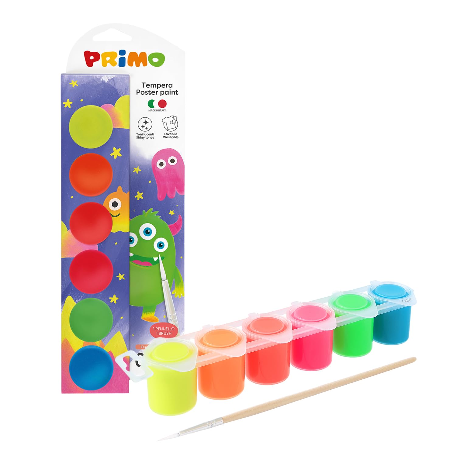 PRIMO - Tempere per Dipingere + 1 Pennello, Kit 6 Colori per Bambini 3+ Anni (25 ml) Cartoleria, Pittura, Lavoretti Creativi, Didattica - Tempera Coprente su Più Superfici, Colore Fluo Miscelabile