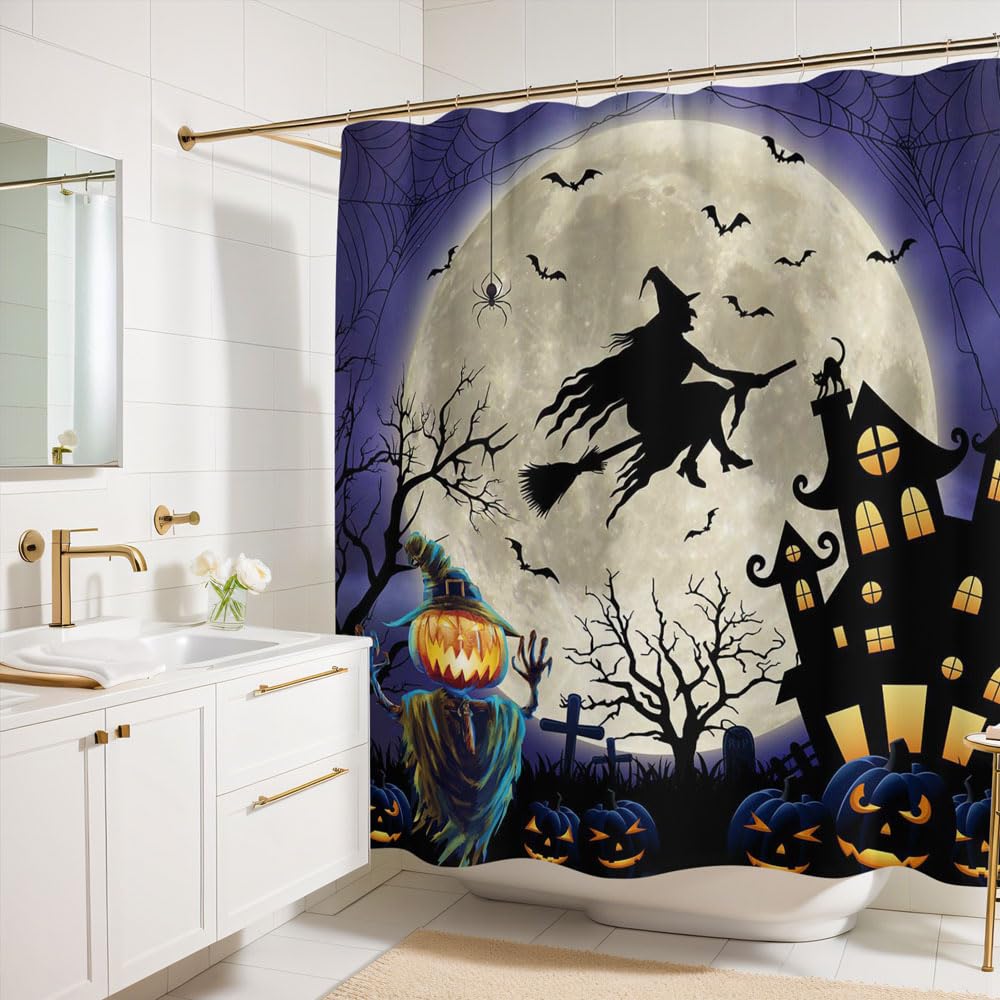 Halloween-Duschvorhang, 183x183 Cm – Mit Horrorschloss-Motiv, Wasserdicht, Inkl. 12 Haken