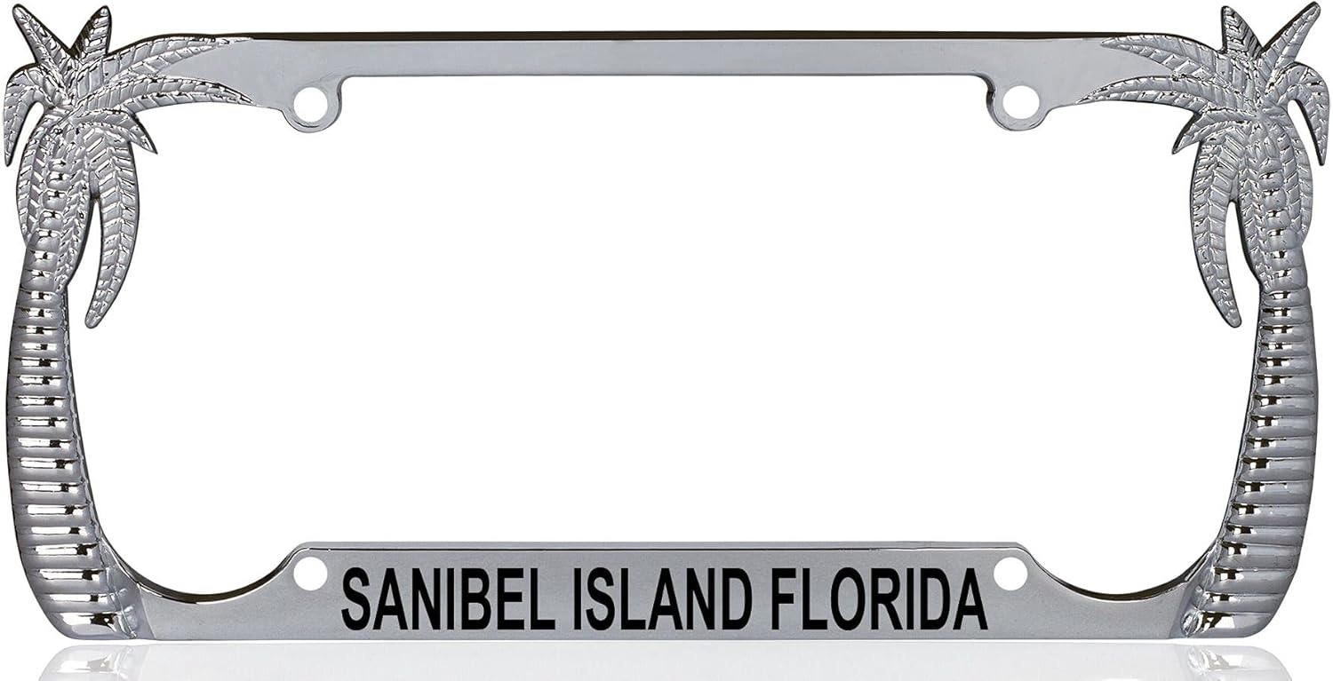 Sanibel Island Florida Palm Tree Design Chrome Metal License Plate Auto Tag Frame, D34