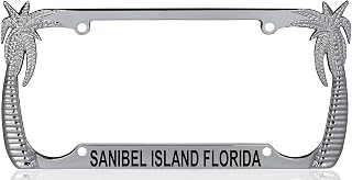 Sanibel Island Florida Palm Tree Design Chrome Metal License Plate Auto Tag Frame, D34