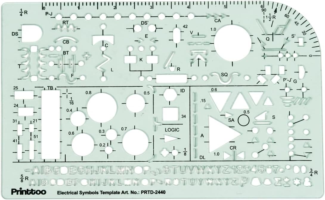 Printtoo Electrical Symbols Template Ruler for Circuit Drafting and Schematic Design, Transparent Engineering Stencil with Logic Signs, Suitable for students, electronics learners, engineers, teachers