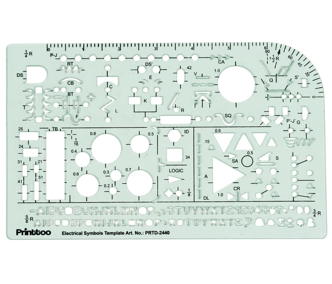 Printtoo Electrical Symbols Template Ruler for Circuit Drafting and Schematic Design, Transparent Engineering Stencil with Logic Signs, Suitable for students, electronics learners, engineers, teachers