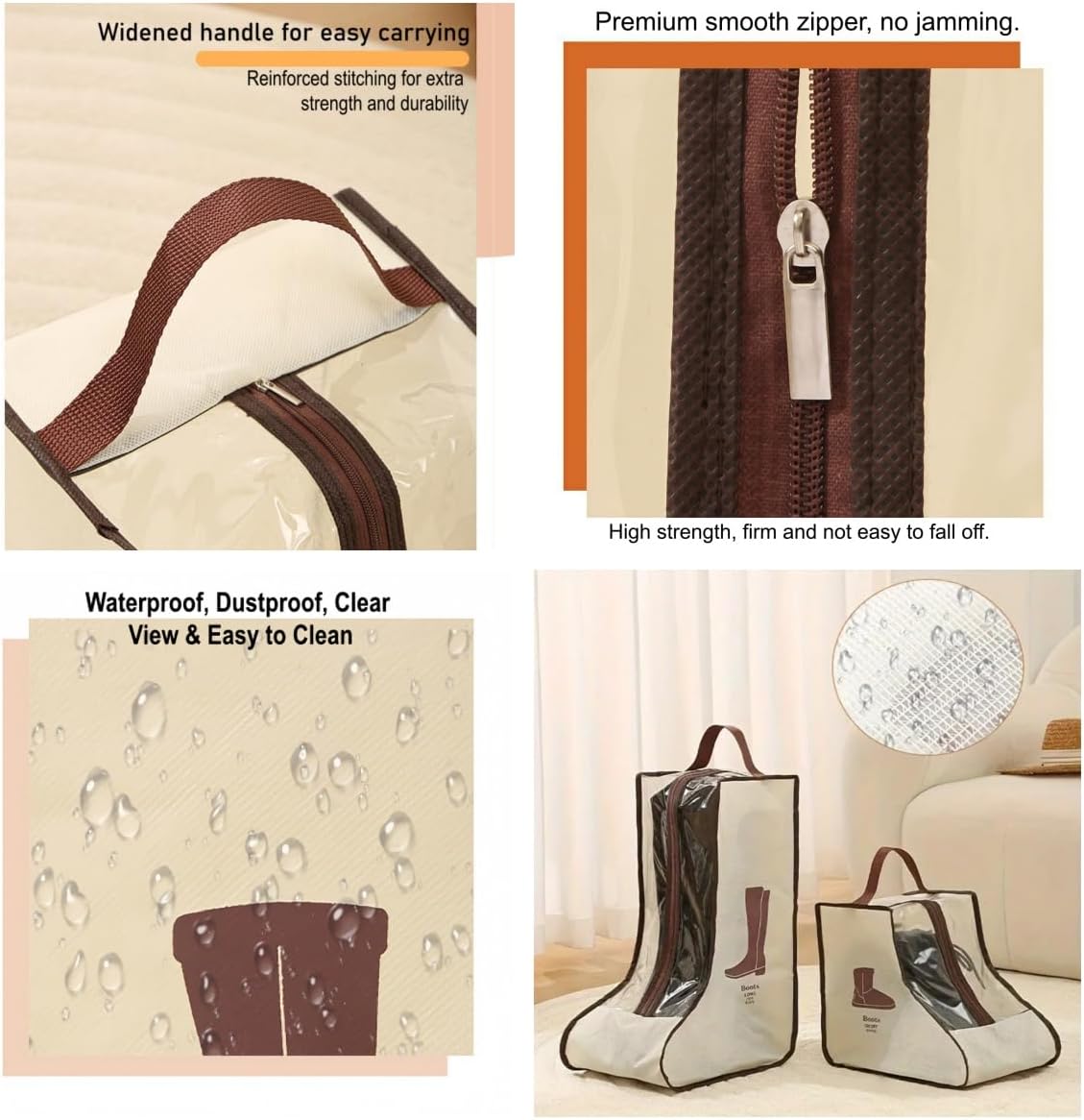 Portable 2 Pair Boot Storage Bags(Beige, Short) | Waterproof, Dustproof, Clear Window, Zippered, For Travel & Home
