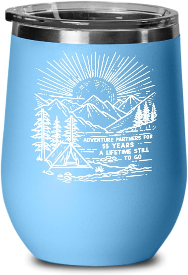 55th Anniversary Wine Tumbler For Camping Enthusiasts, Gift For Outdoorsy Couple 55 Year Wedding Anniversary Campfire Cup, Camper Hiking Nature Lover