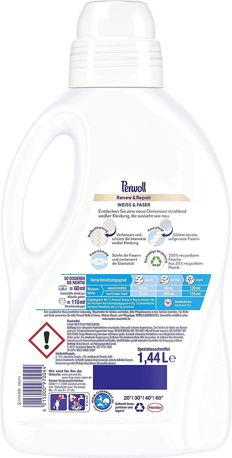 Perwoll Renew e Repair Bianco e Fibra Detersivo per bucato Bianco (48 (2 X 24) Lavaggi