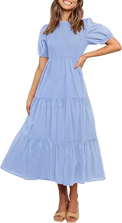 ZESICA Women's 2023 Casual Summer Crew Neck Short Puff Sleeve Smocked High Waist Ruffle Tiered A Line Midi Dress