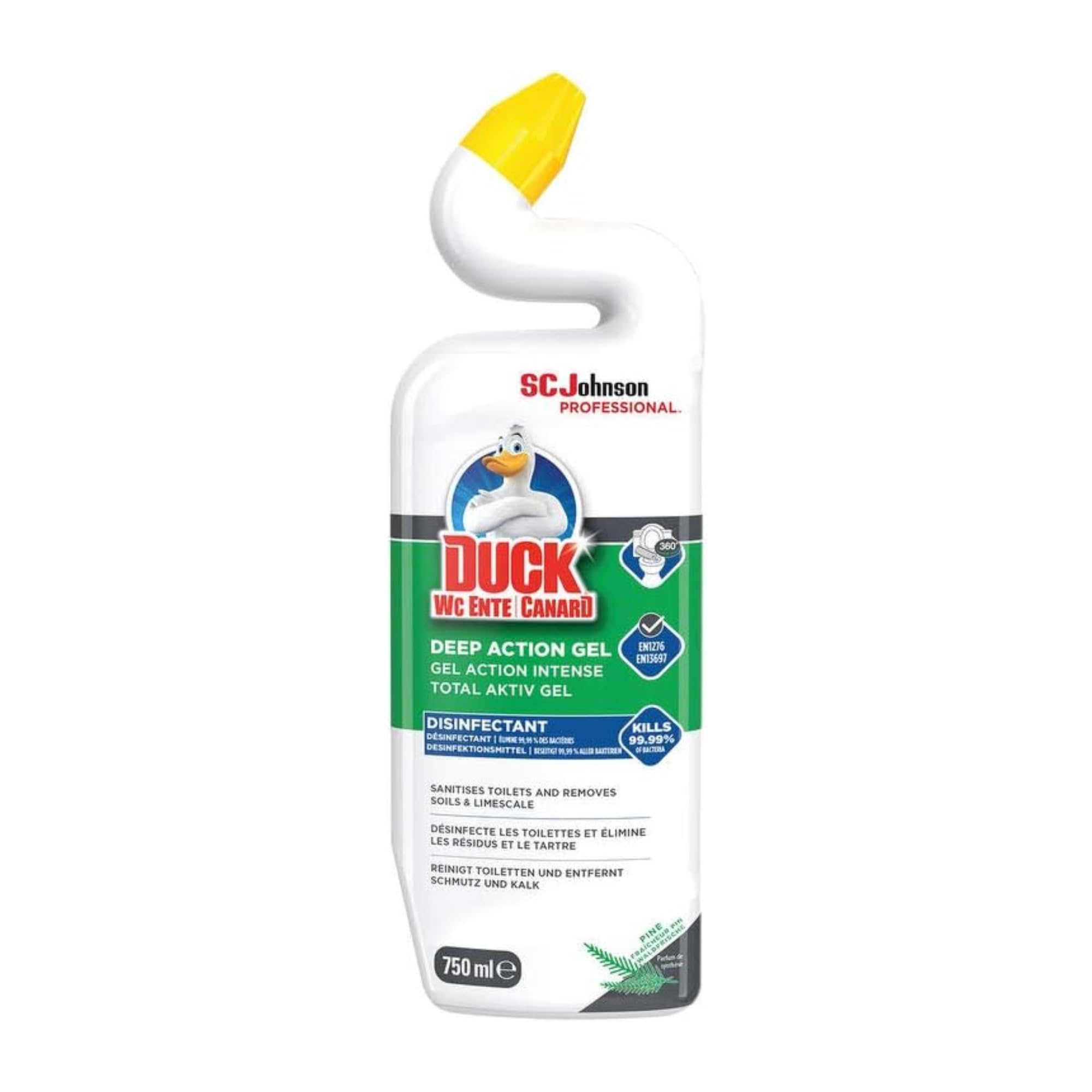 Duck Deep Action Gel Pine – Toilet Cleaner & Disinfectant Kills 99.99% Bacteria – Removes Limescale, Dirt & Grime – 360° Coverage, Under Rim Cleaning – Pine Fragrance – 750ml – Professional Use Only