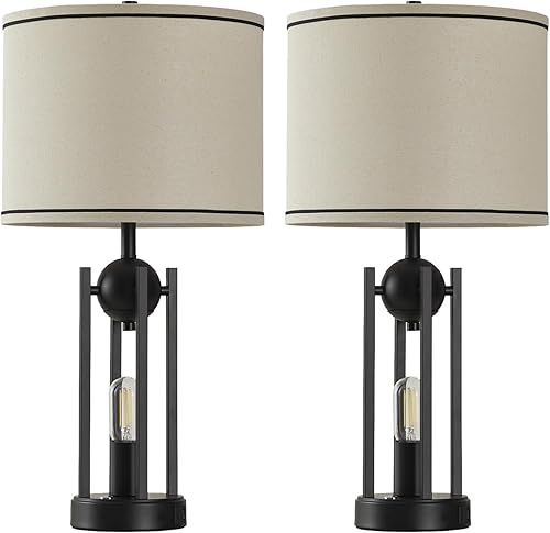 Miniatura 9 de Juego de 2 lámparas de mesa de granja de 25 pulgadas para sala de estar, con puertos USB C+A, lámpara de noche rústica vintage para dormitorio,