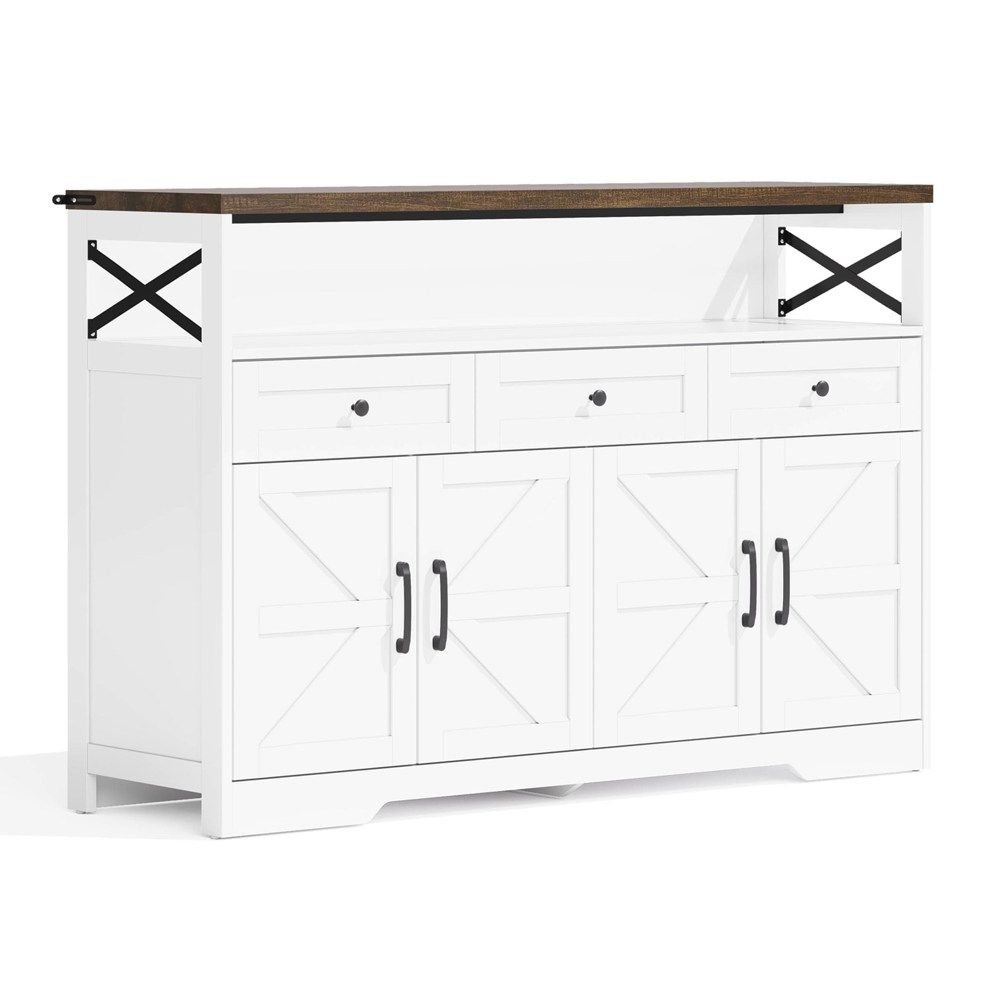 Wiuzo Credenza Cucina, Mobiletto con Cassetti, Mobile con Ante e Ripiani, Stile Farmhouse, per Soggiorno Sala da Pranzo, 140x35x95cm, Bianco/Marrone