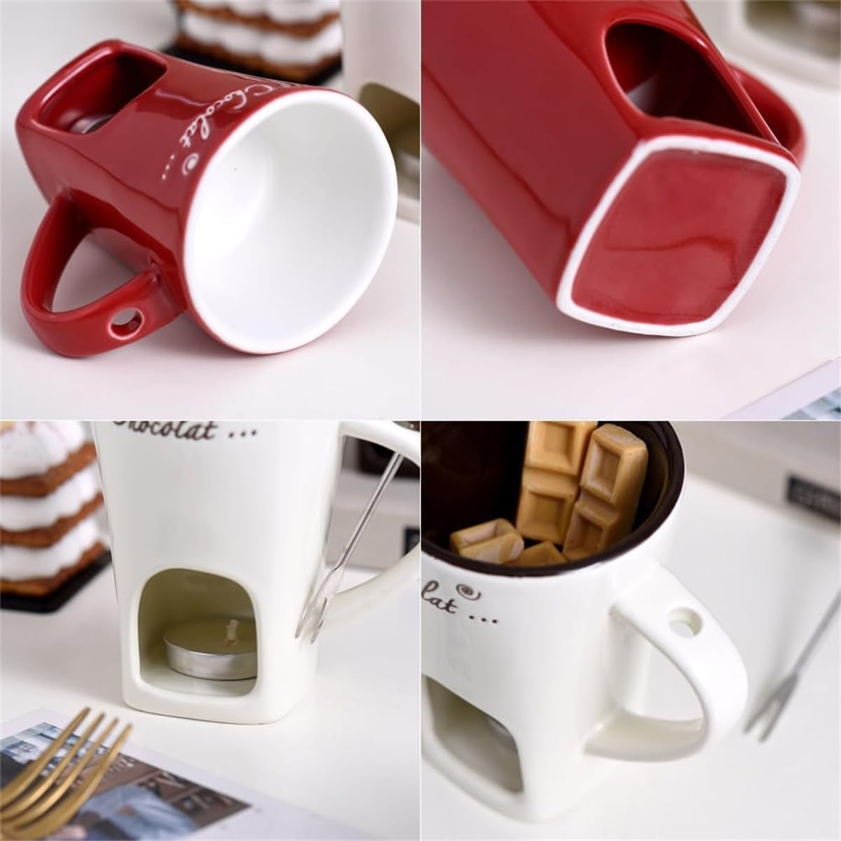 Set De Tasses à Fondue En Céramique 130 Ml - Avec Fourchette Et Bougie Chauffe-plat - Pour Chocolat, Fromage, Caramel - Lot Individuel