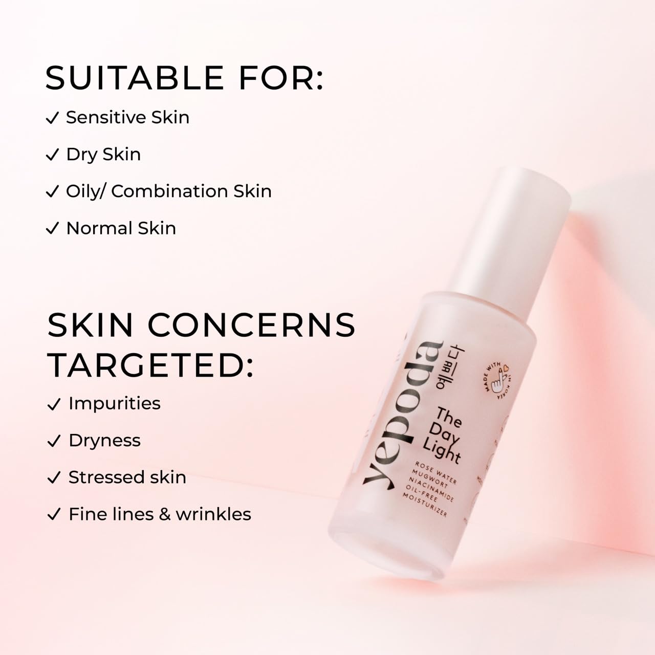 Yepoda The Day Light, Crema Idratante Giornaliera Purificante Senza Oli con Acqua di Rosa, Artemisia e Niacinamide. Crema Viso Vegana Coreana Idratante. Per Tutti i Tipi di Pelle, 50 ml