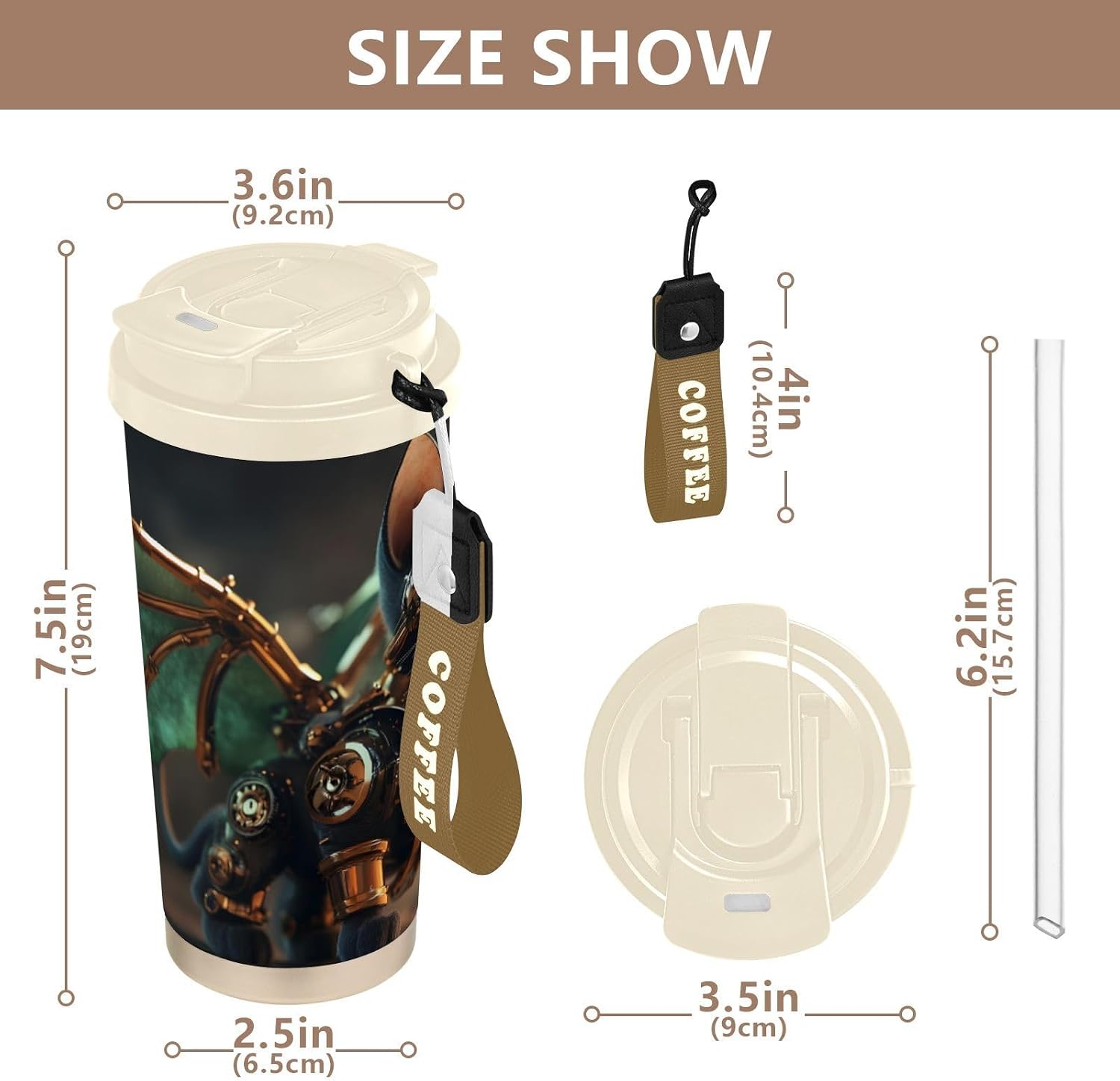 Cat Steampunk Wing Insulated Coffee Mug with Straw & Flip Lid, 16.9oz Iced Tumbler Cup, Double Wall Vacuum Mug for Travel Office